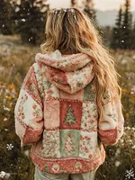 Women's Patchwork Floral Christmas Tree Print Plush Hoodie