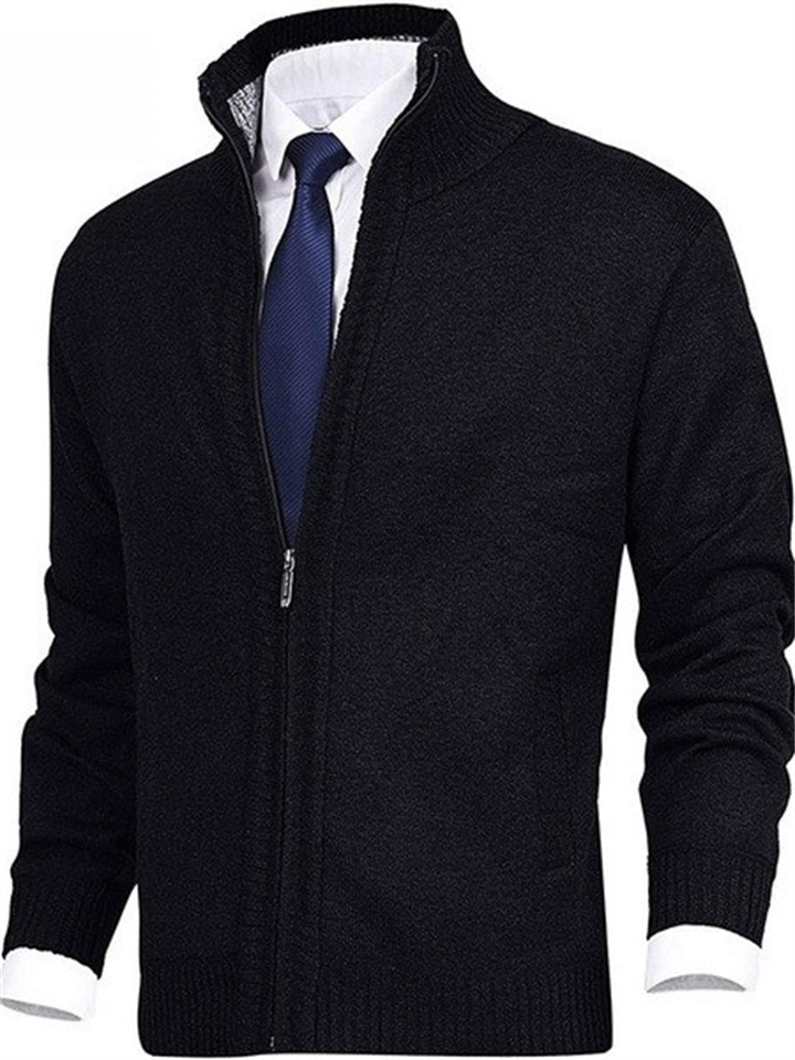 Men's Solid Color Stand Collar Fashion Cardigan Sweater-JRSEE