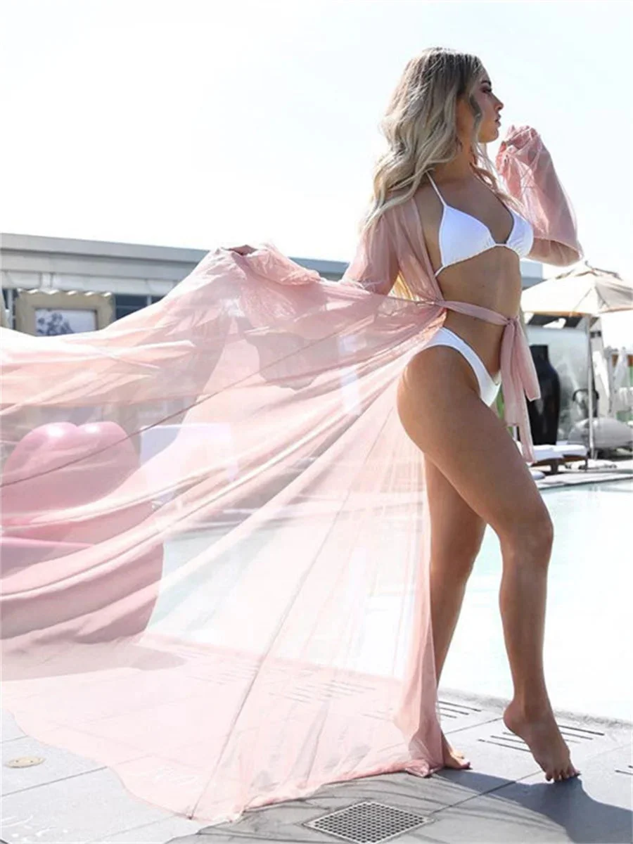 Oocharger sexy Women Chiffon Beach Dress see-through Bikini long Cover Up Swimsuit Swimwear Long Robe Beach Dress Bathing Suit