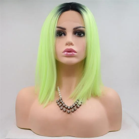  Yvonne Ombre Green Synthetic Lace Front Wig Natural Dark Root Heat Resistant Hair Bob Wigs
