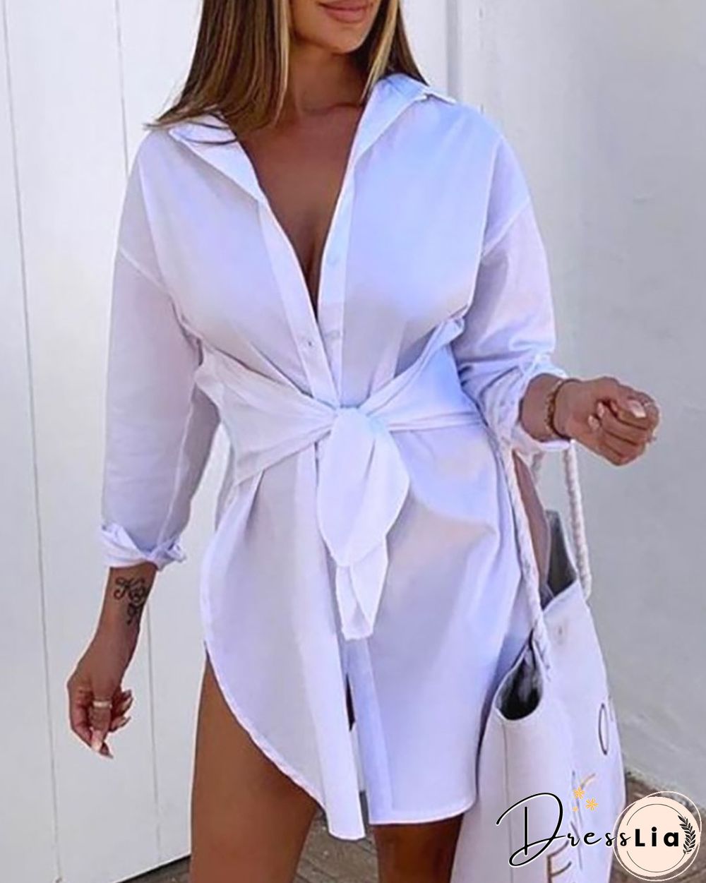 Button Design Slit Tied Detail Shirt Dress