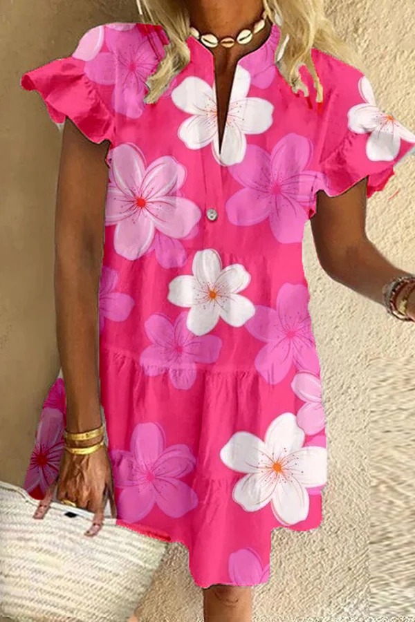 Hot Pink Cute Floral Print Dress