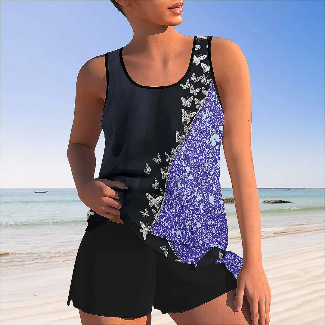 Bowknot Purple,Butterfly,Glitter Mid Waisted Tankini Set - Plus Size Available
