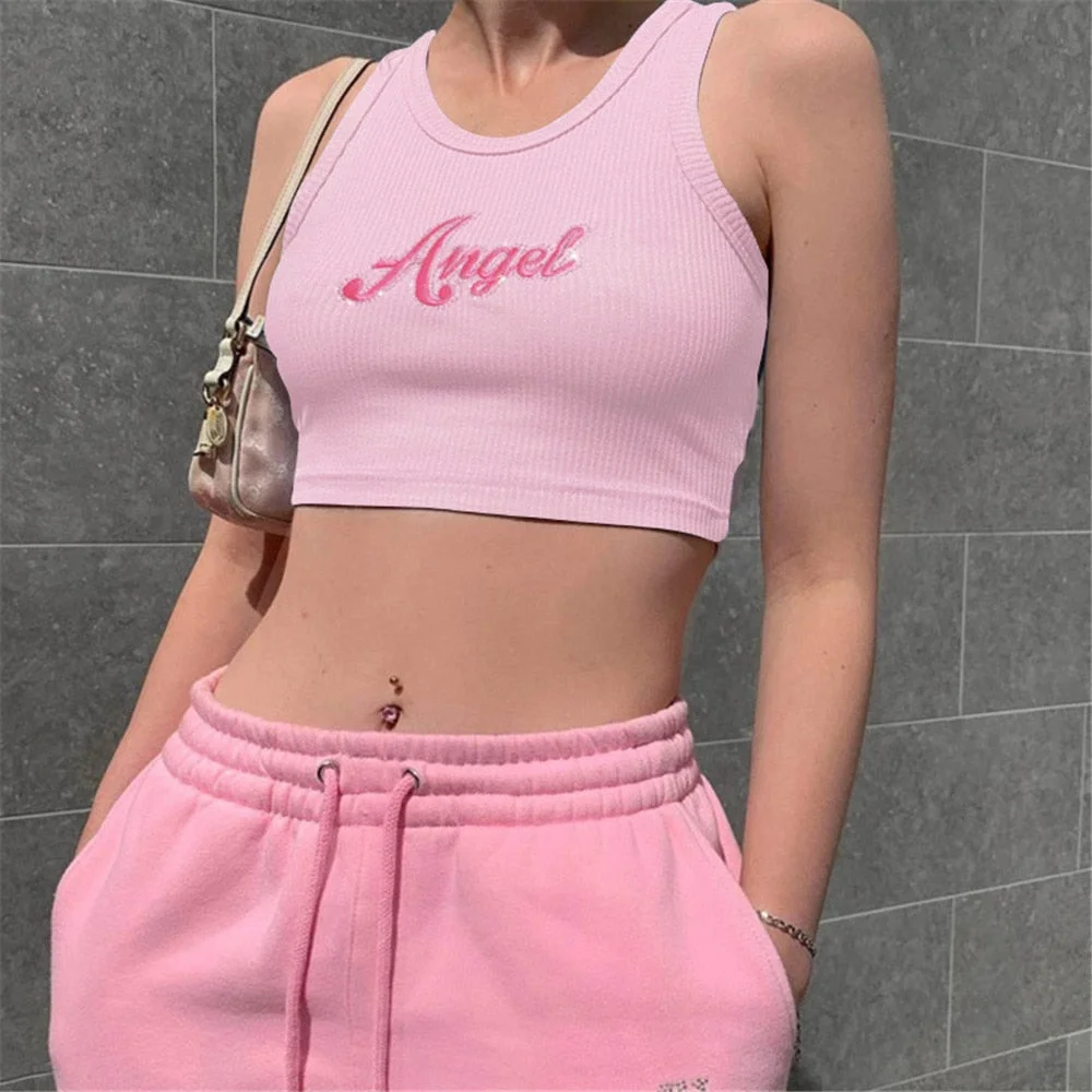 Abebey 3 Color Summer Women Letter Embroidery Crop Top Fashion Casual Sleeveless Pink Tanks Sports Camis Female Clothing