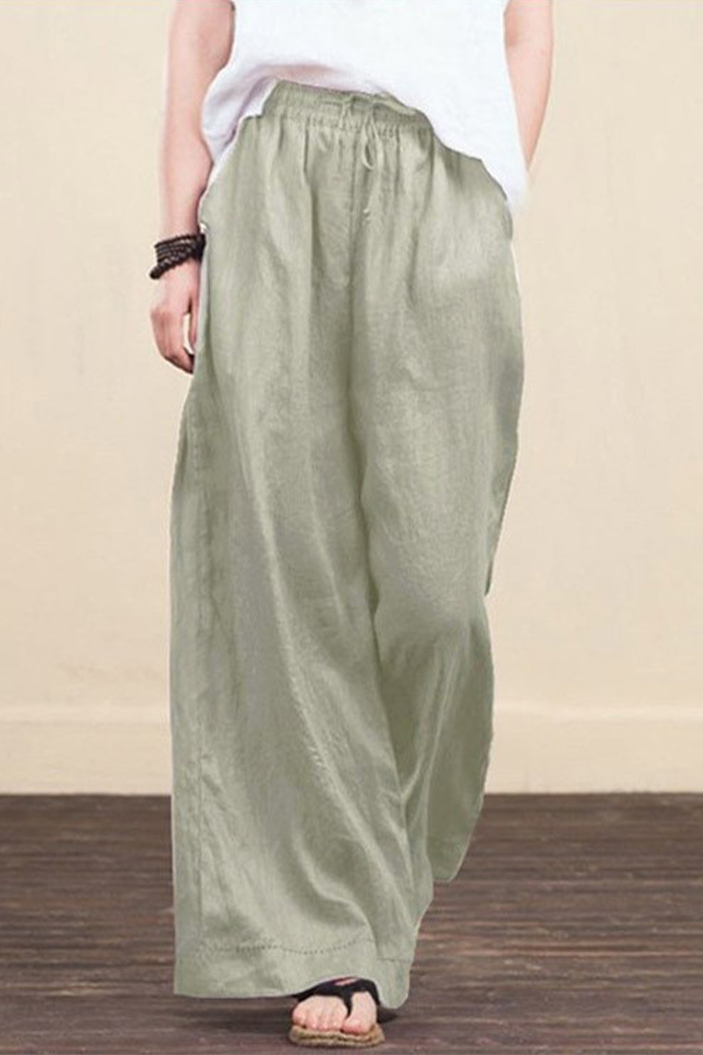 Plus Size Casual Green Cotton And Linen Drawstring Wide Leg Pants 2024 - Flycurvy 