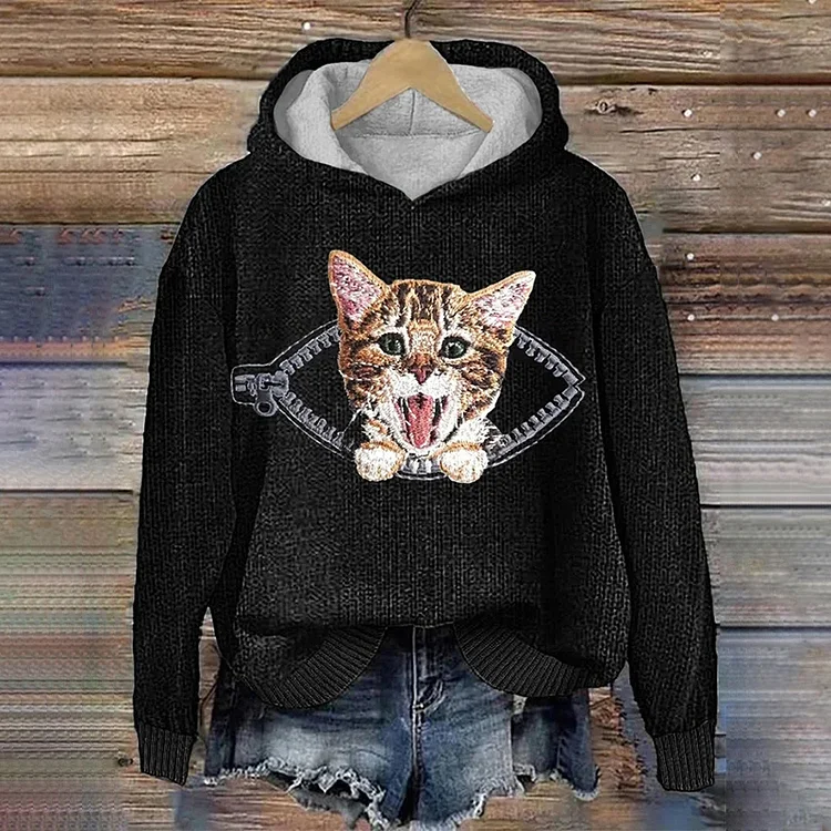 Comstylish Women's Cat In A Zipper Pocket Embroidery Art Print Hoodie