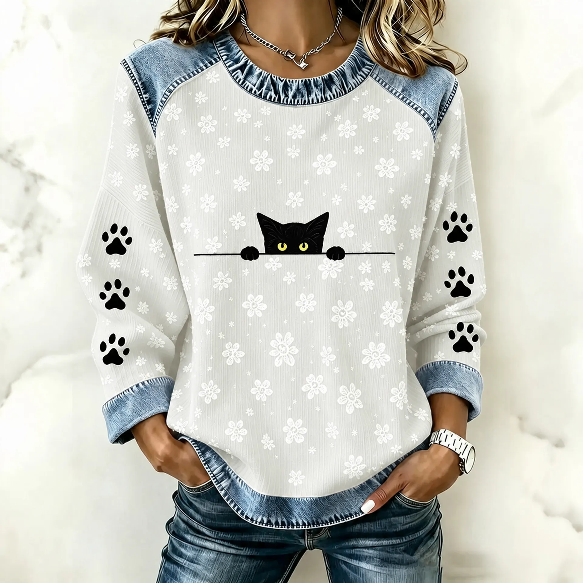 Comstylish Abstract Creative Lovely Black Cat In Floral Graphic Print Sweatshirt
