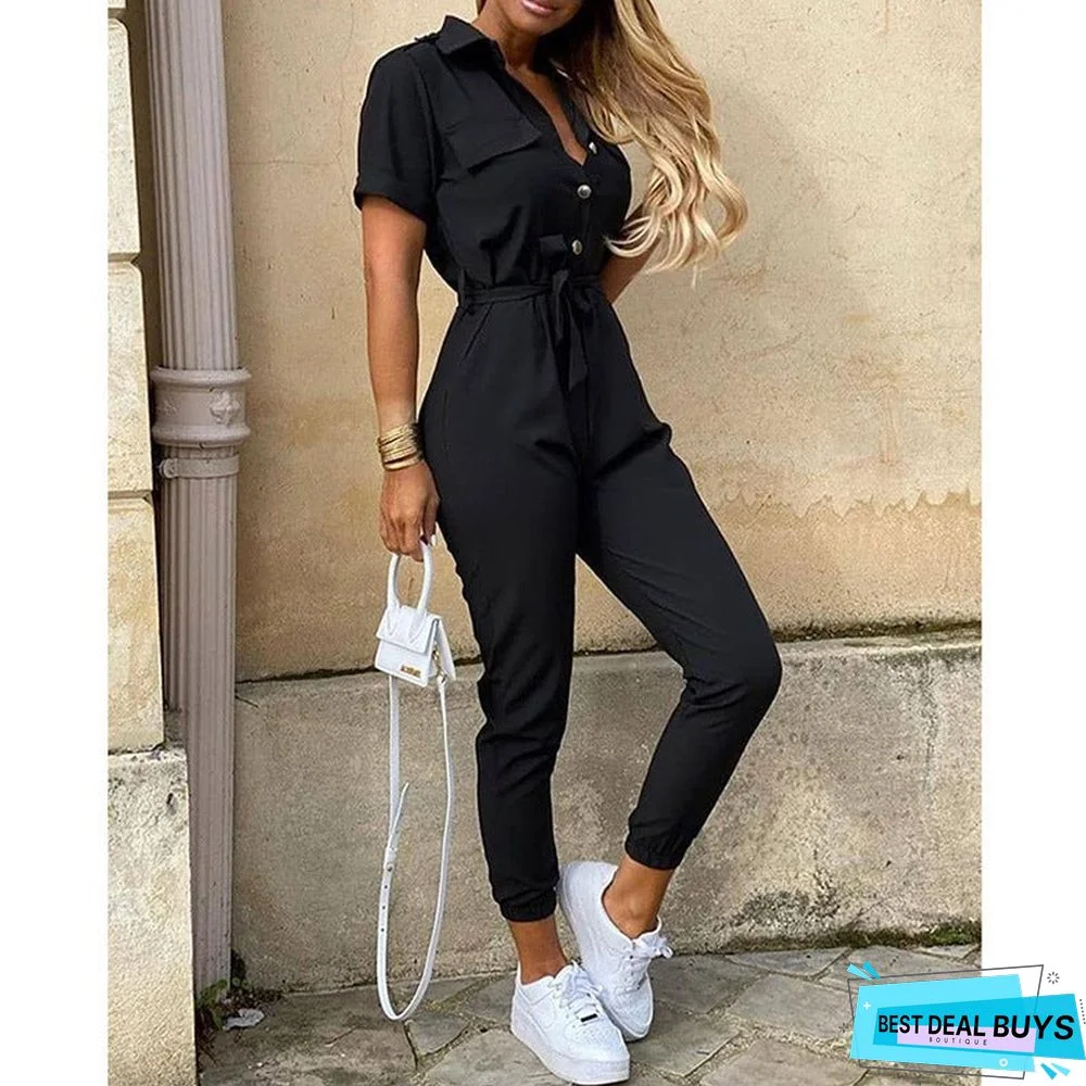 Women's Trousers Casual Lapel Buckle Printed One-Piece Pants