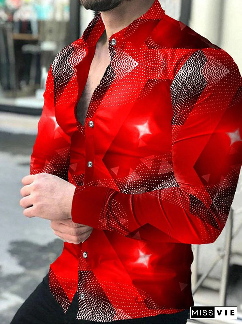 Men Long Sleeve V-neck Christmas Graphic Printed Buttons Shirts