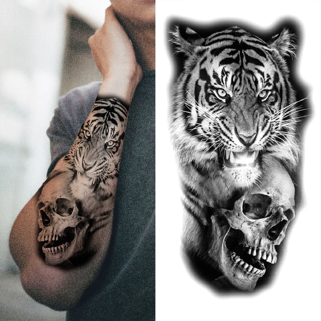 Sdrawing King Crown Temporary Tattoos For Women Men Adult Black Tiger Forest Skull Tattoo Sticker Fake Skeleton Fashion Tatoo Flower