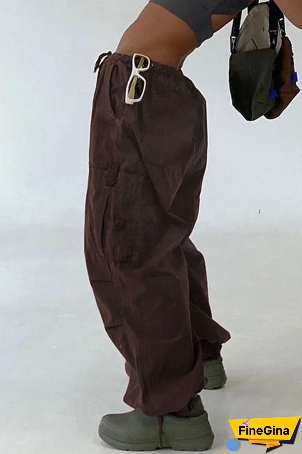 Brown Casual Street Solid Patchwork Pocket Loose Low Waist Wide Leg Solid Color Bottoms