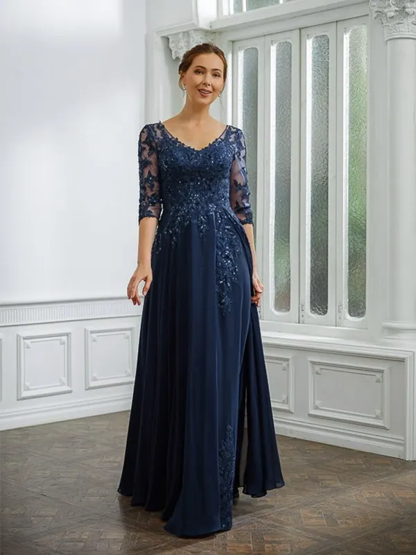 Lussooy Elegant Dark Navy V Neck Applique Short Sleeves Sequins Mother of The Bride Dress 