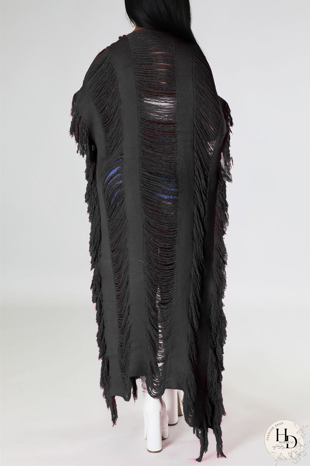 Black Fashion Casual Solid Tassel Patchwork Cardigan Outerwear