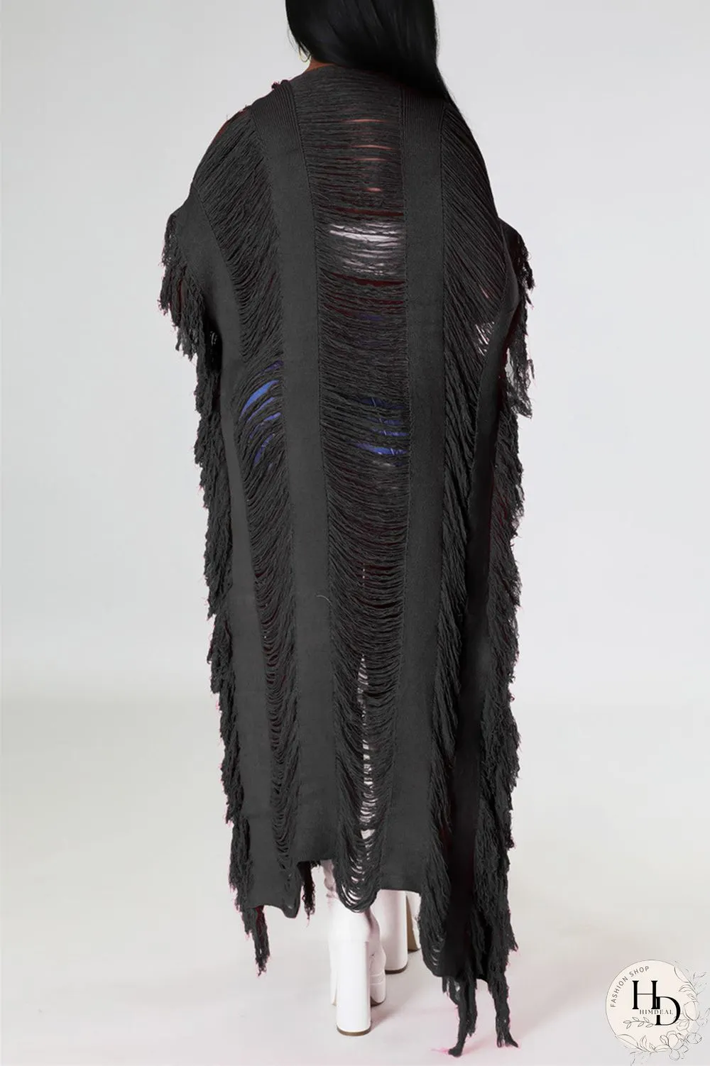 Black Fashion Casual Solid Tassel Patchwork Cardigan Outerwear