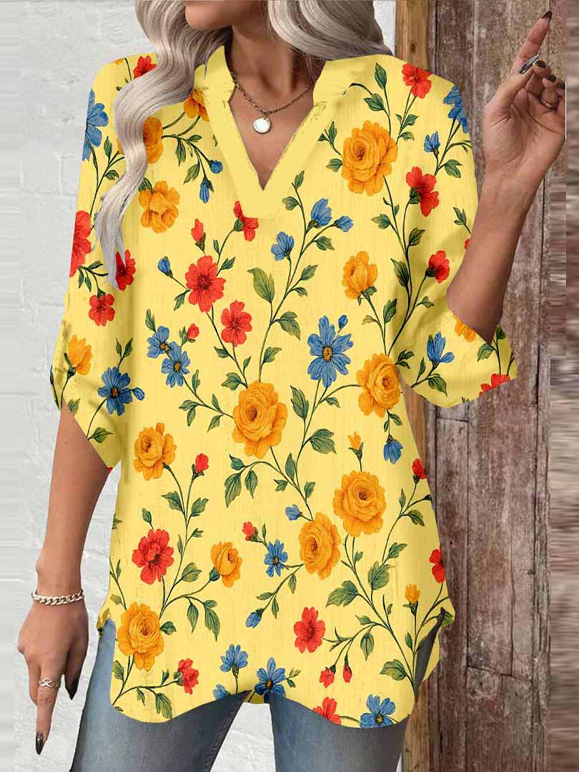Women Floral, Yellow, Red DZGA0103 3/4 Sleeve V-neck Printed Graphic Button Tops