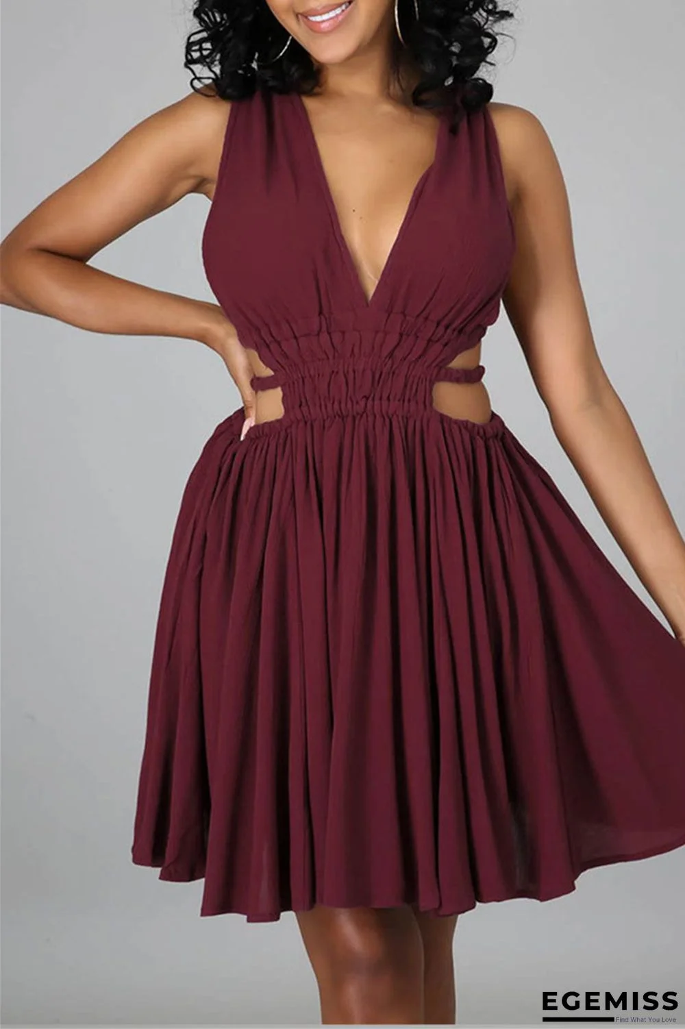 Burgundy Sexy Casual Solid Hollowed Out Backless V Neck Sleeveless Dress | EGEMISS