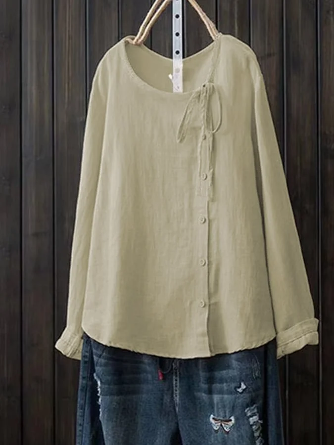 Women's Casual Vintage Lace Up Cotton Linen Round Neck Long Sleeve T-Shirt