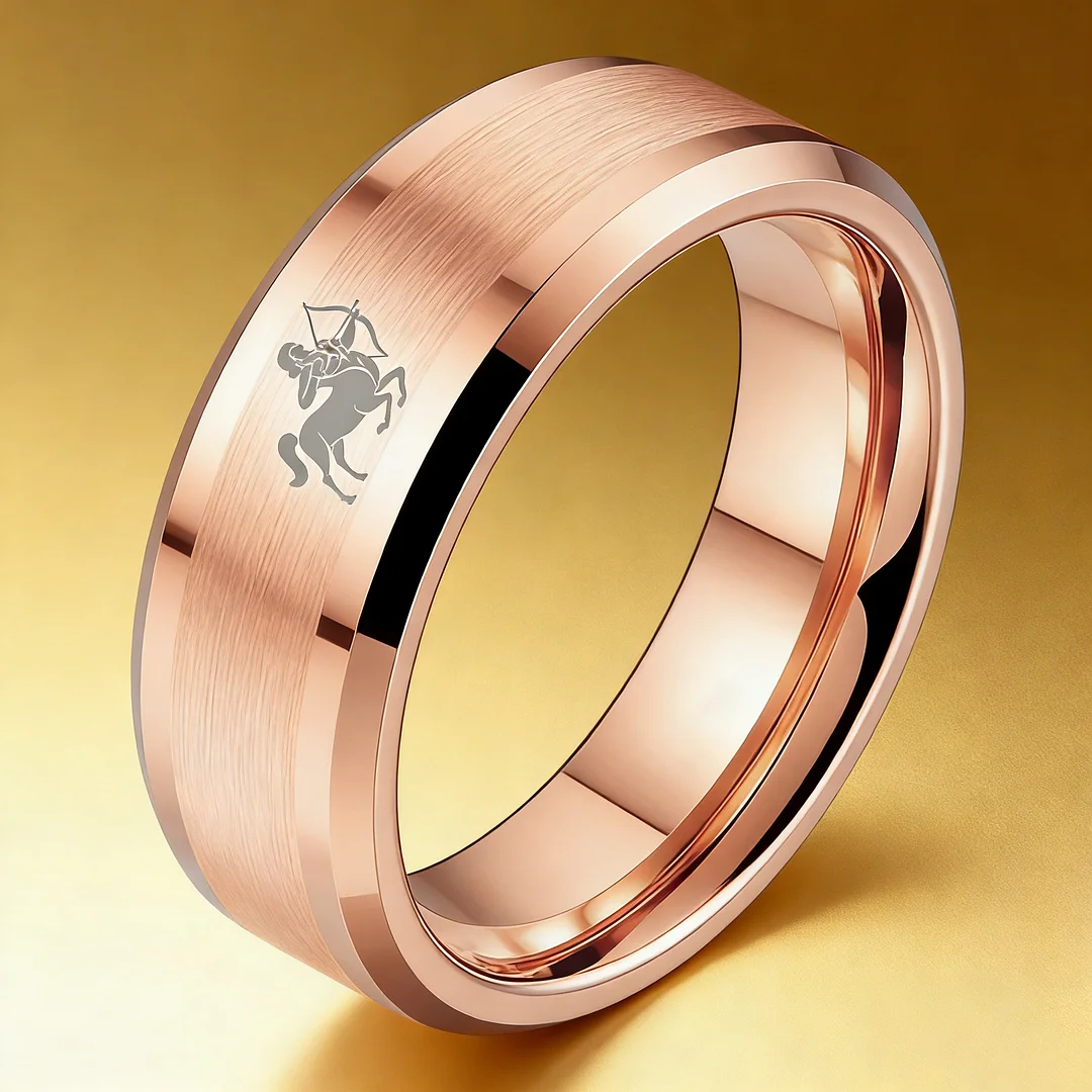 Beveled Edges Rose Gold Laser Etched Tungsten Carbide Band Rose Gold Sagittarius Couple Wedding Rings 4MM 6MM 8MM