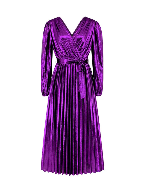 Bronzing Elasticity Pleated Solid Color Tied Waist High Waisted Long Sleeves Deep V-Neck Maxi Dresses