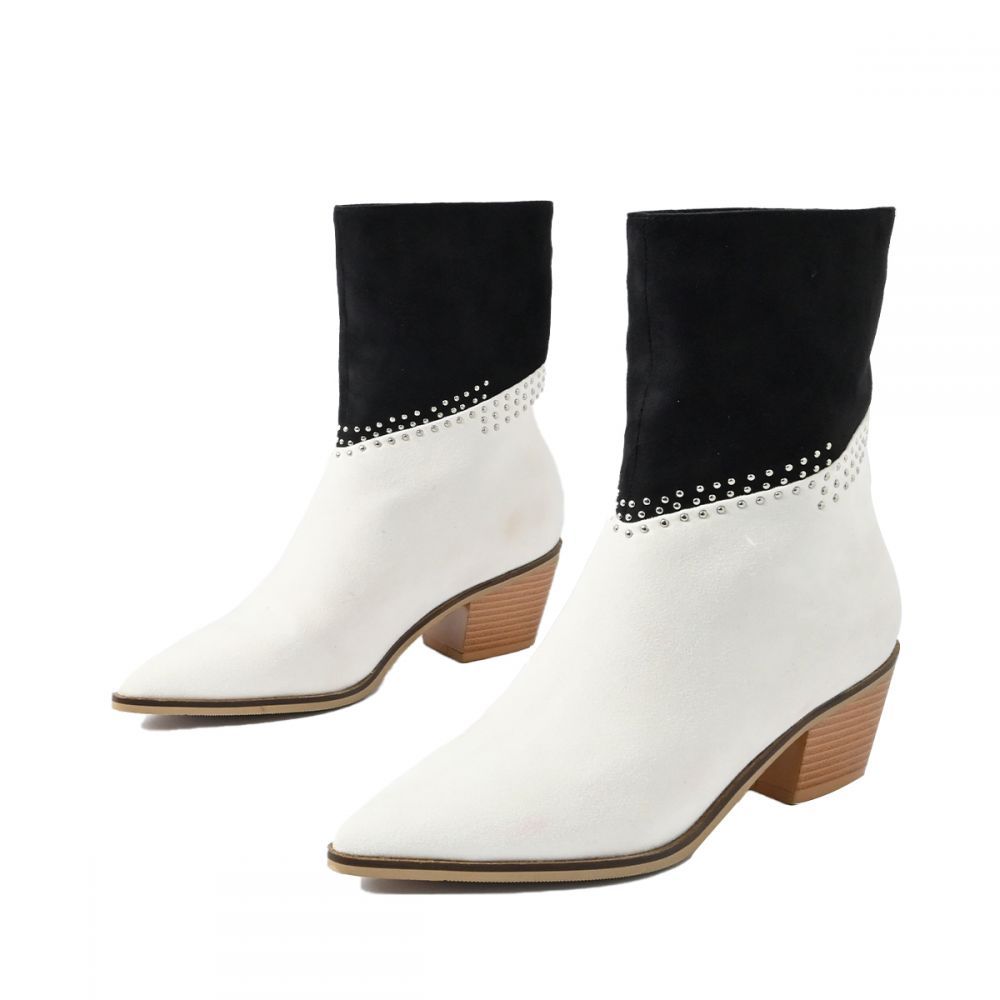 Black And White Suede Booties Pointed Toe Cowgirl Ankle Boots