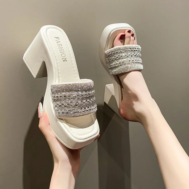 Wongn Wongn Summer New Fashion Women's Shoes Water Diamond One-Word Waterproof Platform Thick With Cool Drag High Heel Slippers Female