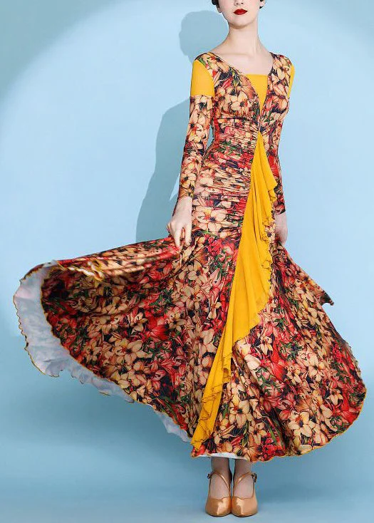Fashion Yellow Wrinkled Print Patchwork Cotton Long Dress Spring