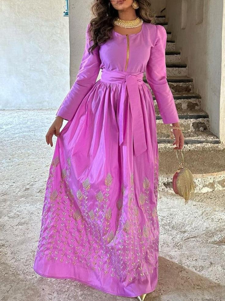 Pink Round Neck High Waist Long Sleeve Dress