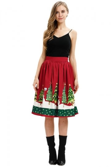 High Waisted Pleated Midi Snowman Christmas Tree Skirt Ruby-elleschic