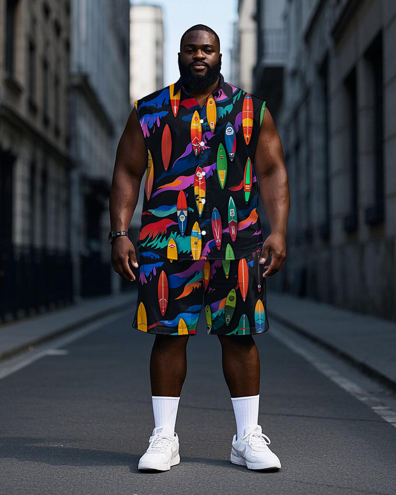 Big Men's Colorful Abstract Pattern All Over Printed Sleeveless Shirt and Shorts Set