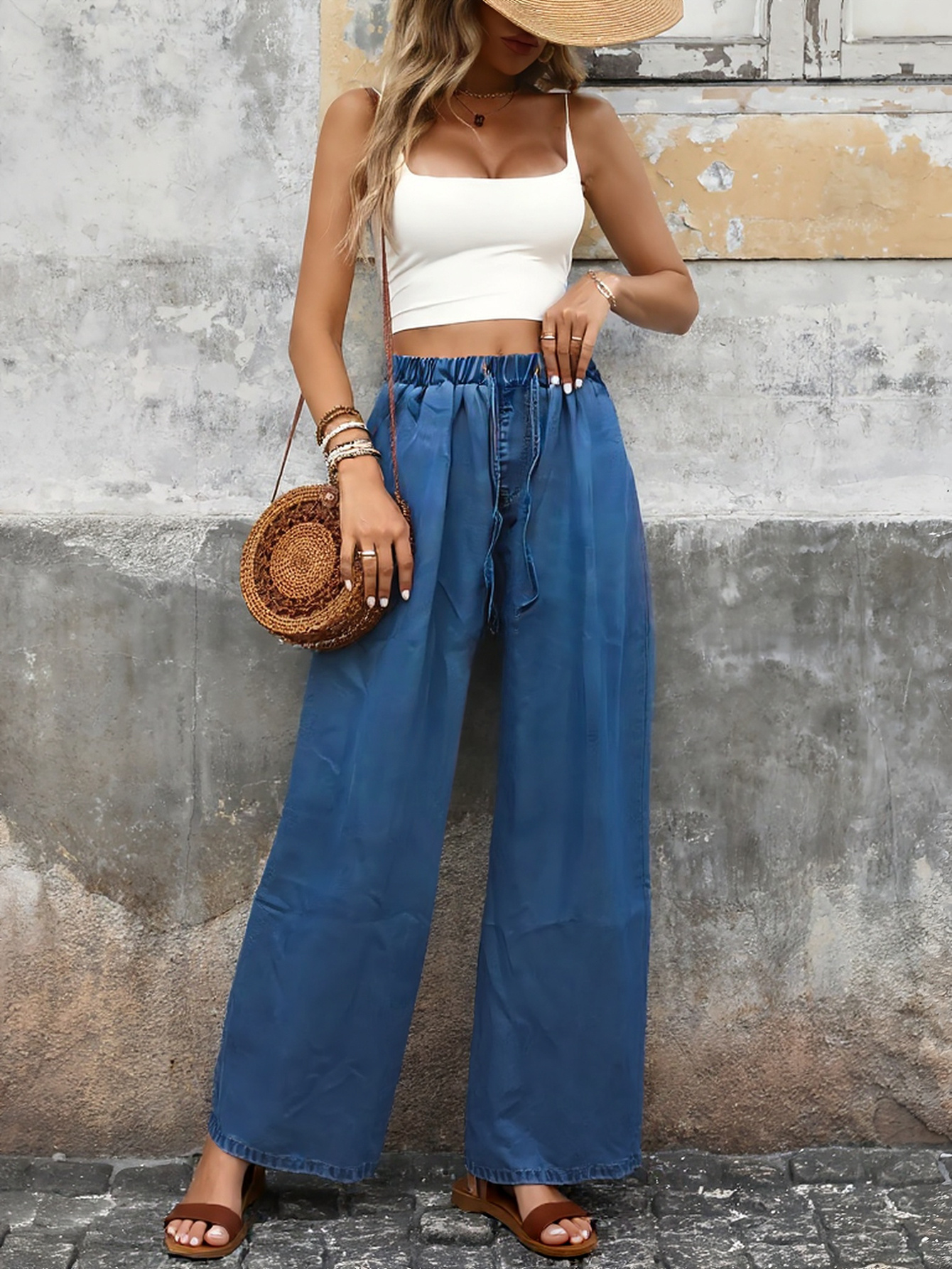 Womens High Waist Wide Leg Jeans-Loose Casual Pants Blend Machine Washable Pure Blue | IFYHOME