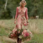 Women's Vintage Gradient Floral Art V Neck Linen Blend Maxi Dress - Image 2