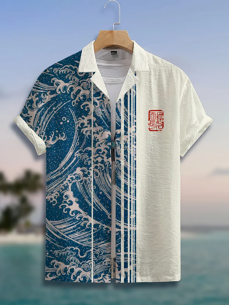 Men's Japanese Art Sea Wave Stripes Print Short Sleeve Shirt