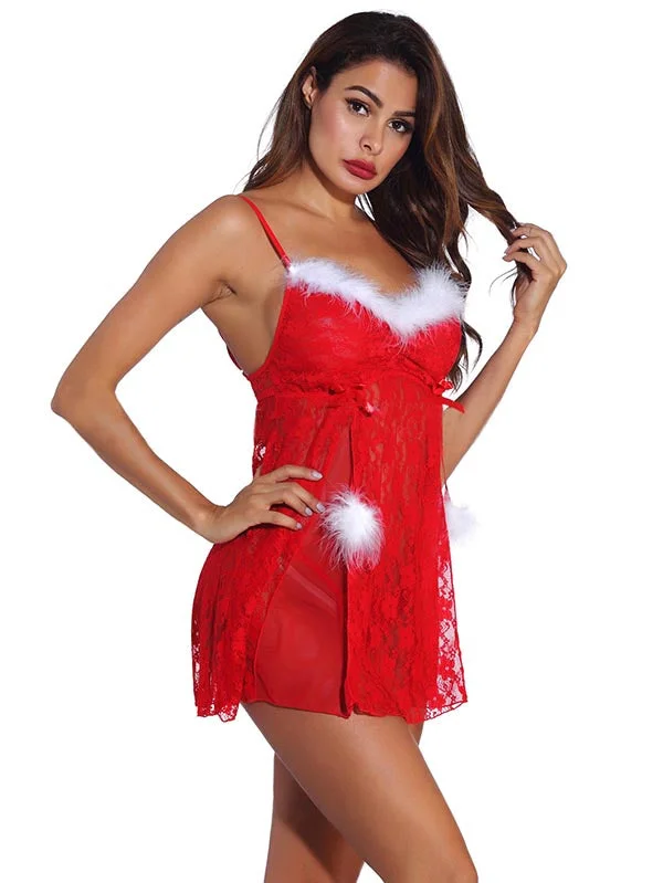 Faux Fur Lace Christmas Babydoll Nightgown For Women-elleschic