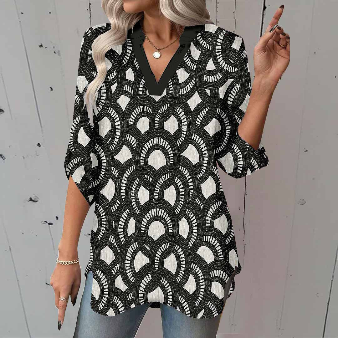 Women Floral, Black, White DZGA0141 3/4 Sleeve V-neck Printed Graphic Button Tops