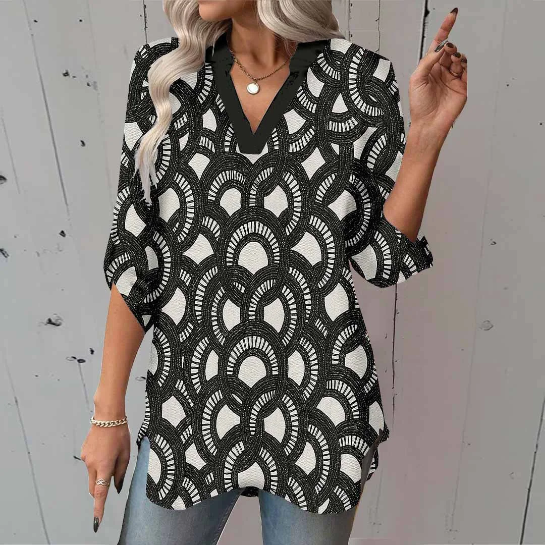 Women Floral, Black, White DZGA0141 3/4 Sleeve V-neck Printed Graphic Button Tops