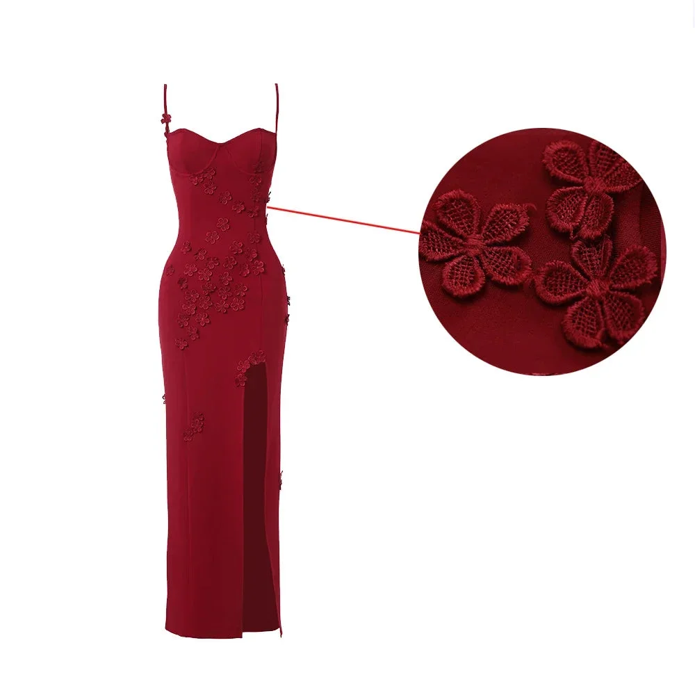 Toloer Mesh Floral Embroidered Strap Slit Midi Dress-Outfit Ideas