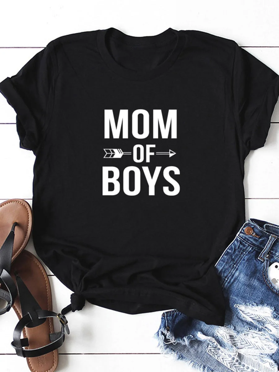 MOM OF BOYS Letters Printed T-shirt