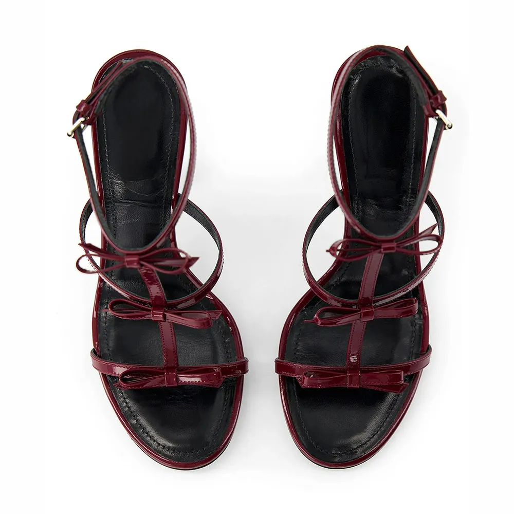 Maroon Round Toe Buckle Ankle Strap High Heels Sandals with Bow