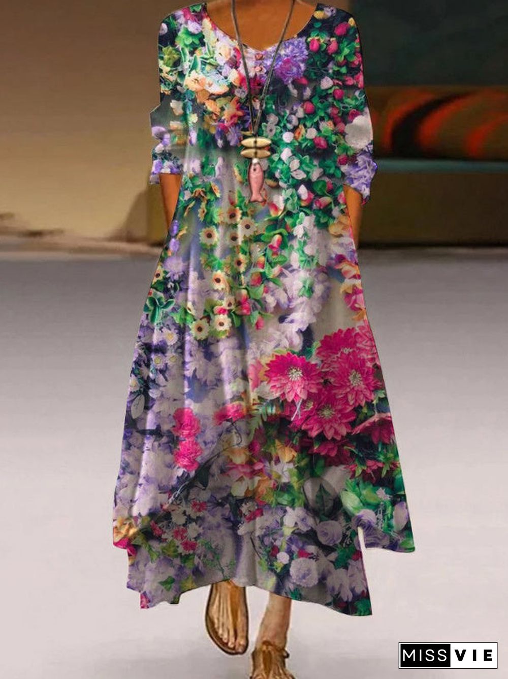 Women Half Sleeve V-neck Floral Printed Maxi Dress