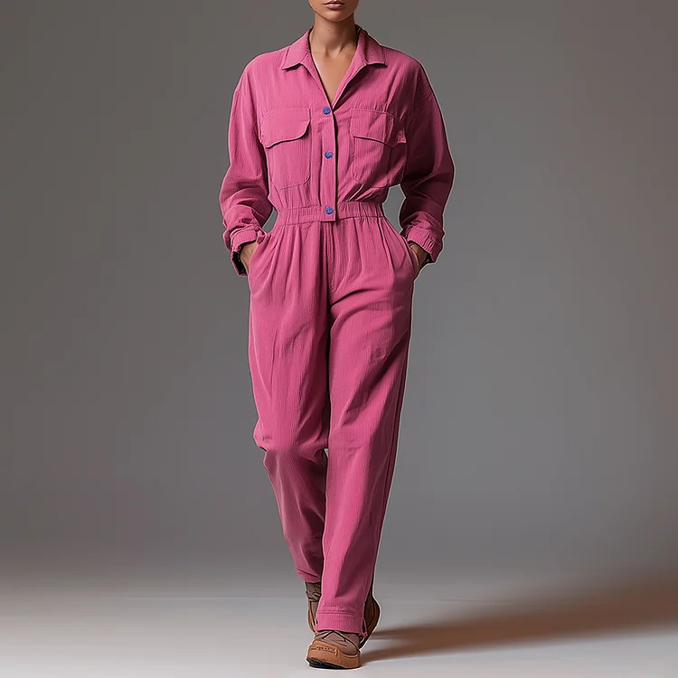 Ursime Double-Sided Wrinkled Cotton And Linen Button Long Sleeve Jumpsuit