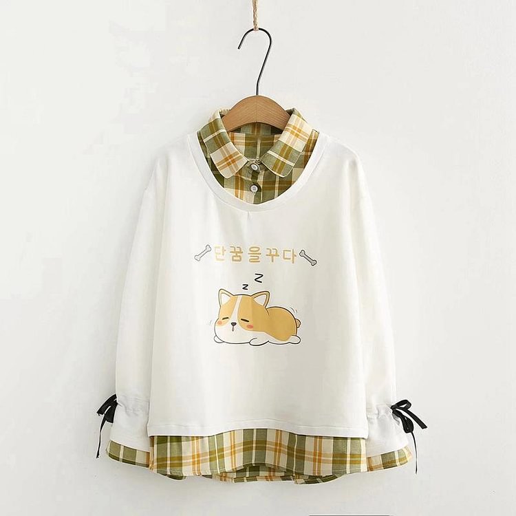Puppy Print Plaid Fake Two-Piece Sweatshirt - Modakawa Modakawa