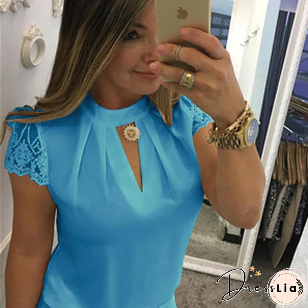 Lace Stitching Top Sexy Shirt Summer Women's Chiffon Top Stand-up Collar Lace Short-sleeved Elegant Ladies Shirt
