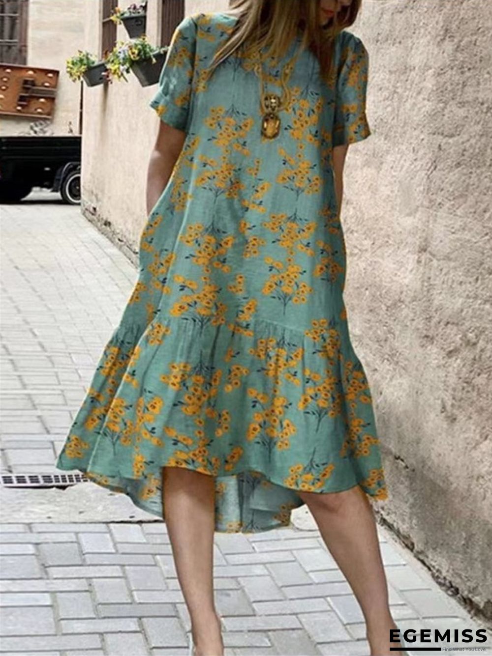 Flower Print Short Sleeve Plus Size Dress | EGEMISS