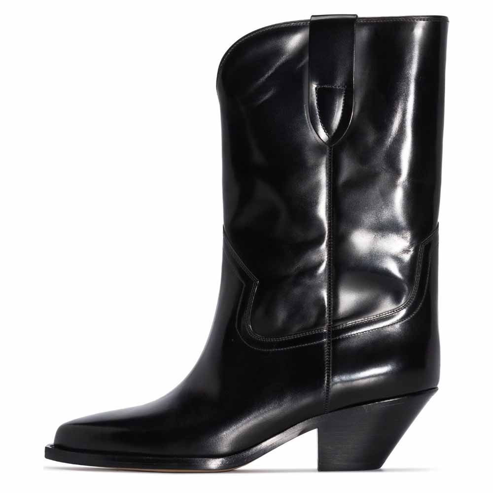 Black Vegan Leather Closed Toe Chunky Heel Mid Calf Cowgirl Boots