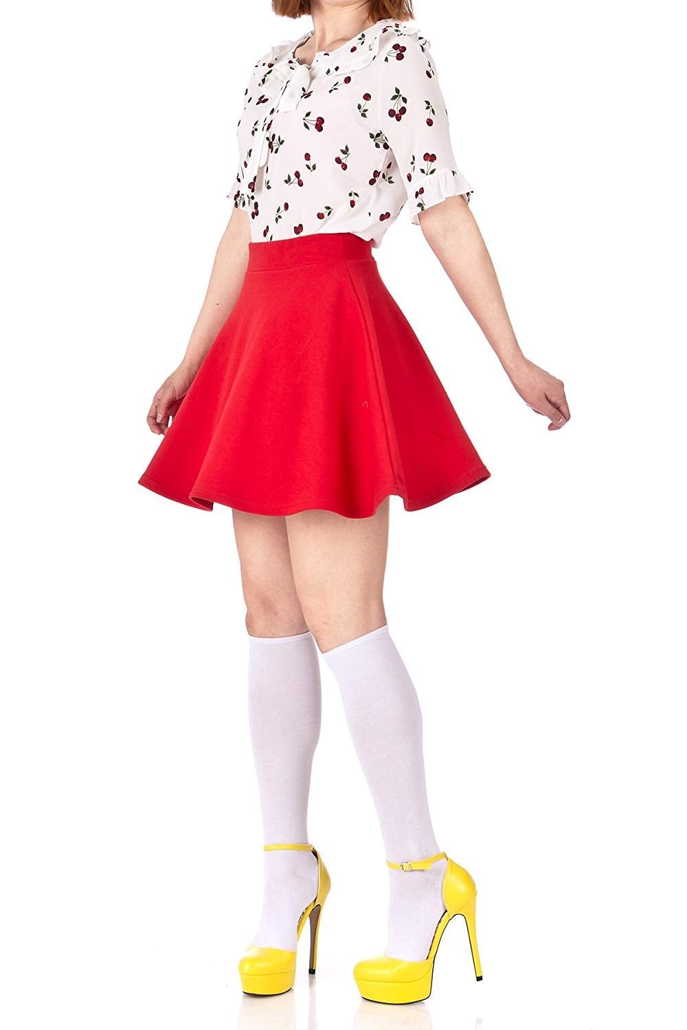Basic Solid Stretchy Cotton High Waist A-line Flared Skater Mini Skirt