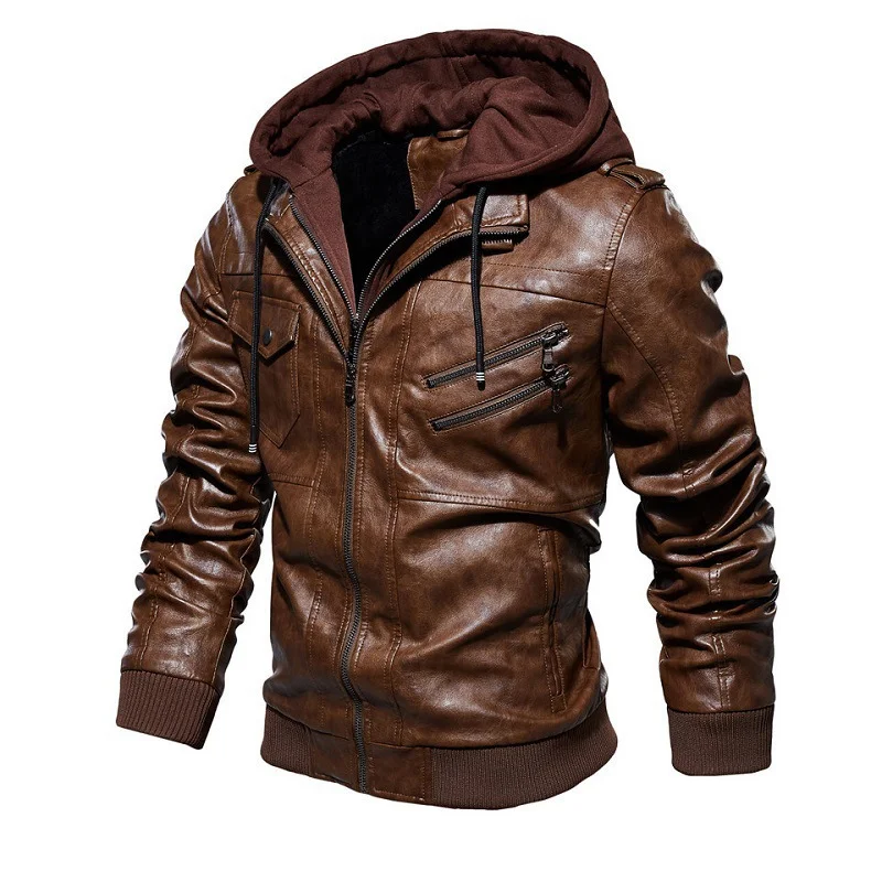 Men's Double Zipper Motorcycle Detachable Leather Jacket with Hat