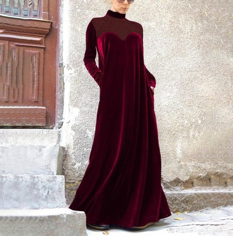 Mock Neck Dotted Lace Patchwork Velvet Maxi Dress