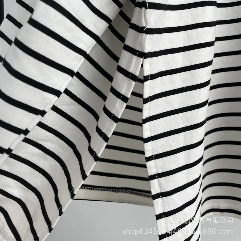 Athvotar Athvotar And Summer Fashion Loose Cotton Striped T-Shirt Women Casual Round Neck Long Sleeve Open Top Hot Sale