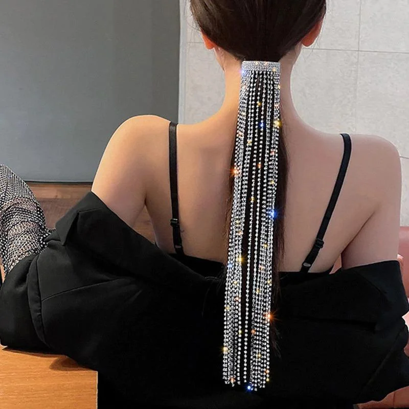 Gleaming Multi-strand Rhinestone Ponytail Long Tassel Hair Clip