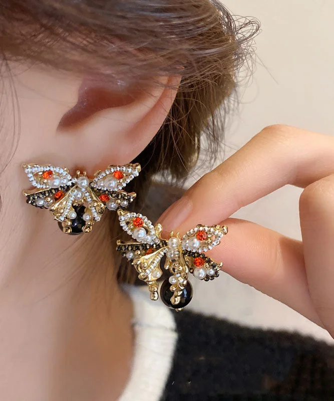 Handmade Copper Zircon Pearl Butterfly Stud Earrings